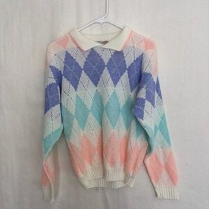 Vintage Prescious knits medium acrylic knit pastel collared sweater 122